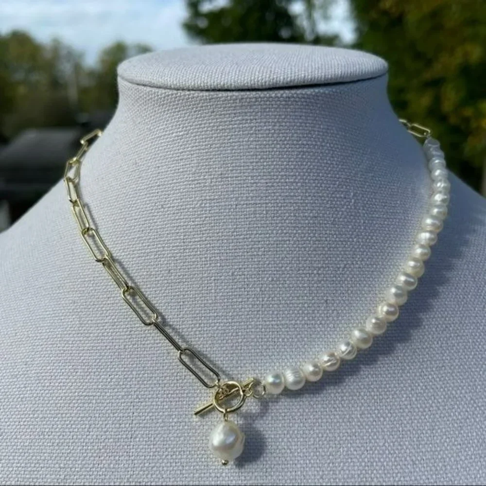 Gold Plated Cultured Baroque Freshwater Pearl‎ Pendant Necklace Toggle Clasp - Picture 6 of 9